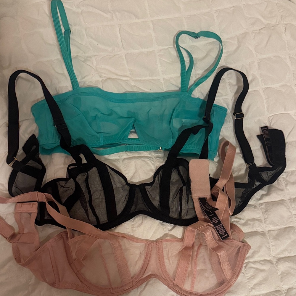 Victoria's Secret Teal, Black, and Pink mesh sexxxxxy Bra Trio